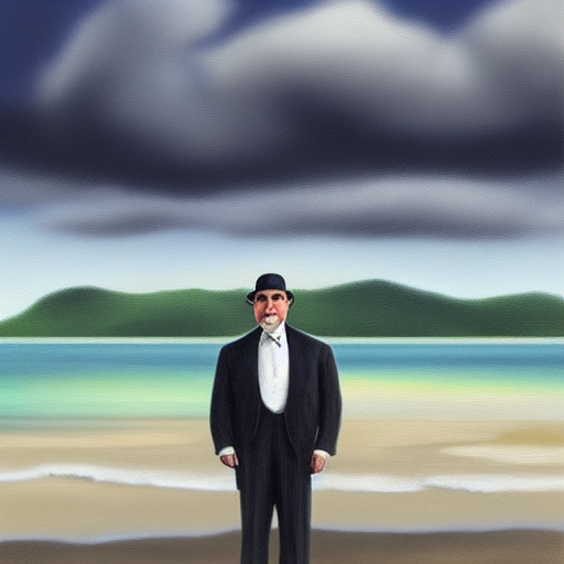 Poirot standing on the beach, looking at the grand hotel on the island with a suspicious expression as dark clouds gather in the background.